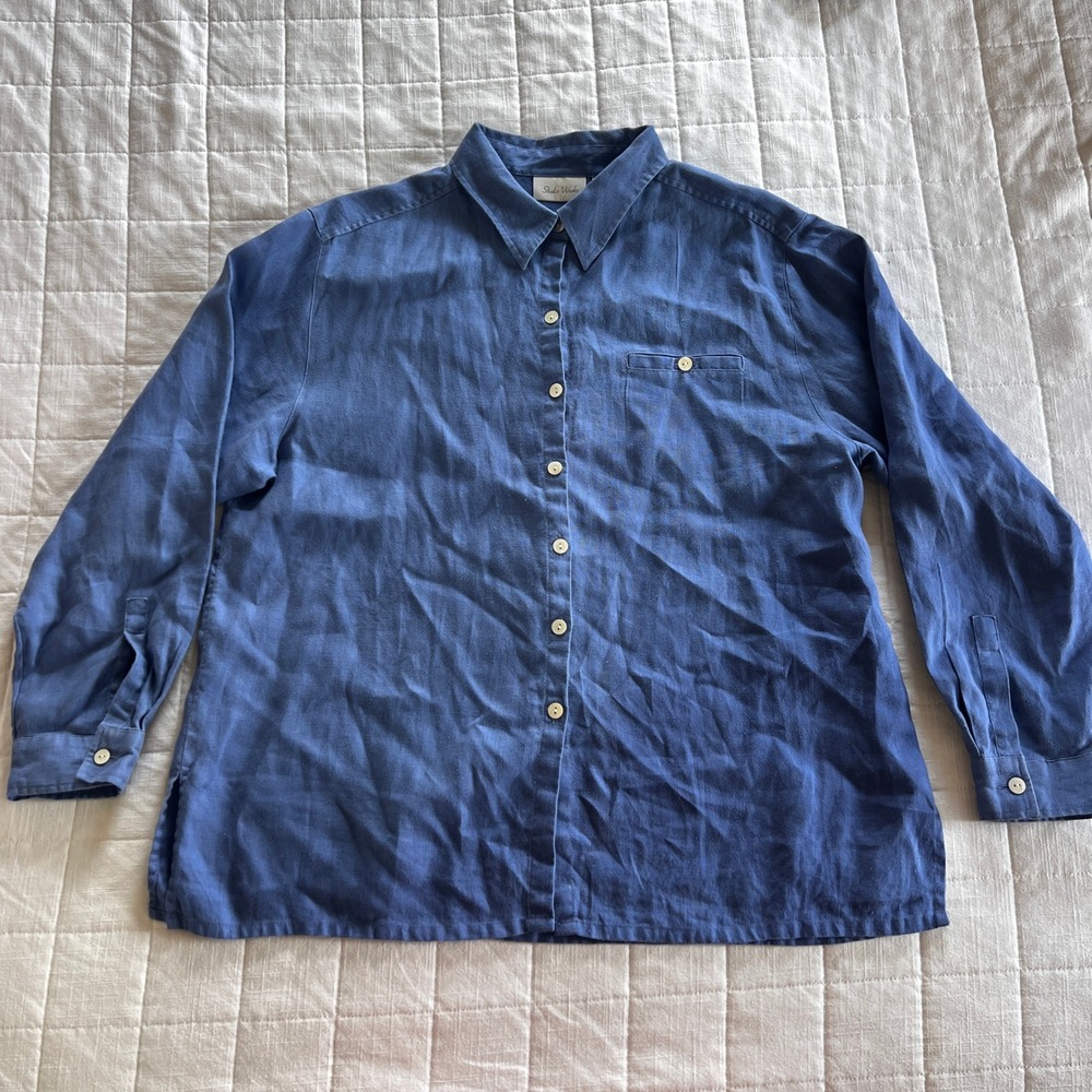 Studio Works Mens XL Blue 100% Linen Long Sleeve Button Down Shirt Pocket
